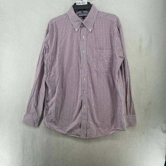 Tommy Hilfiger Button-Down Shirt Men's Sz L Red Blue Plaid Collared Chest Pocket - Picture 1 of 11